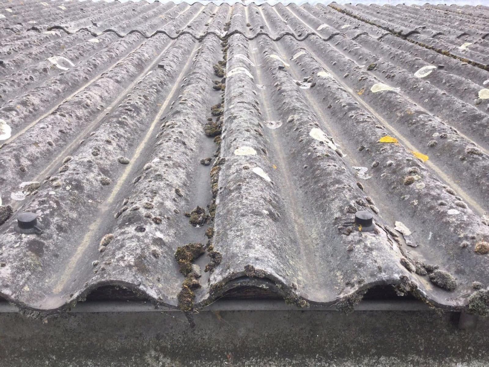 Verouderd asbestdak met golfplaten dat vervangen moet worden